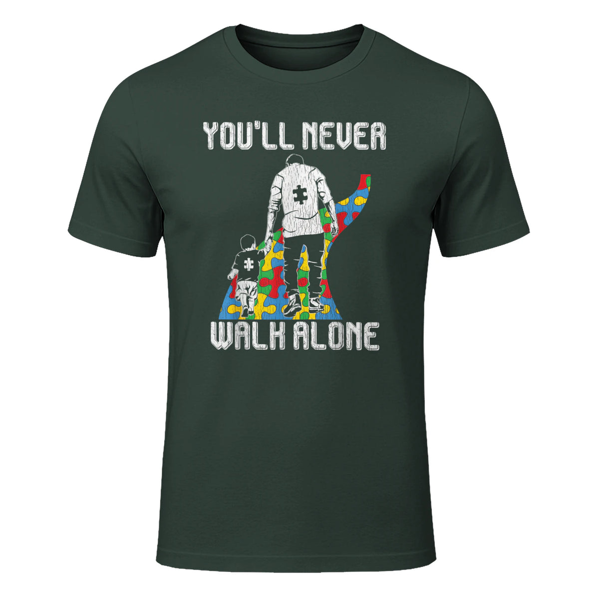 Vintage Father Son Family Autistic Kids Autism Awareness Dad in Forest Green - front view