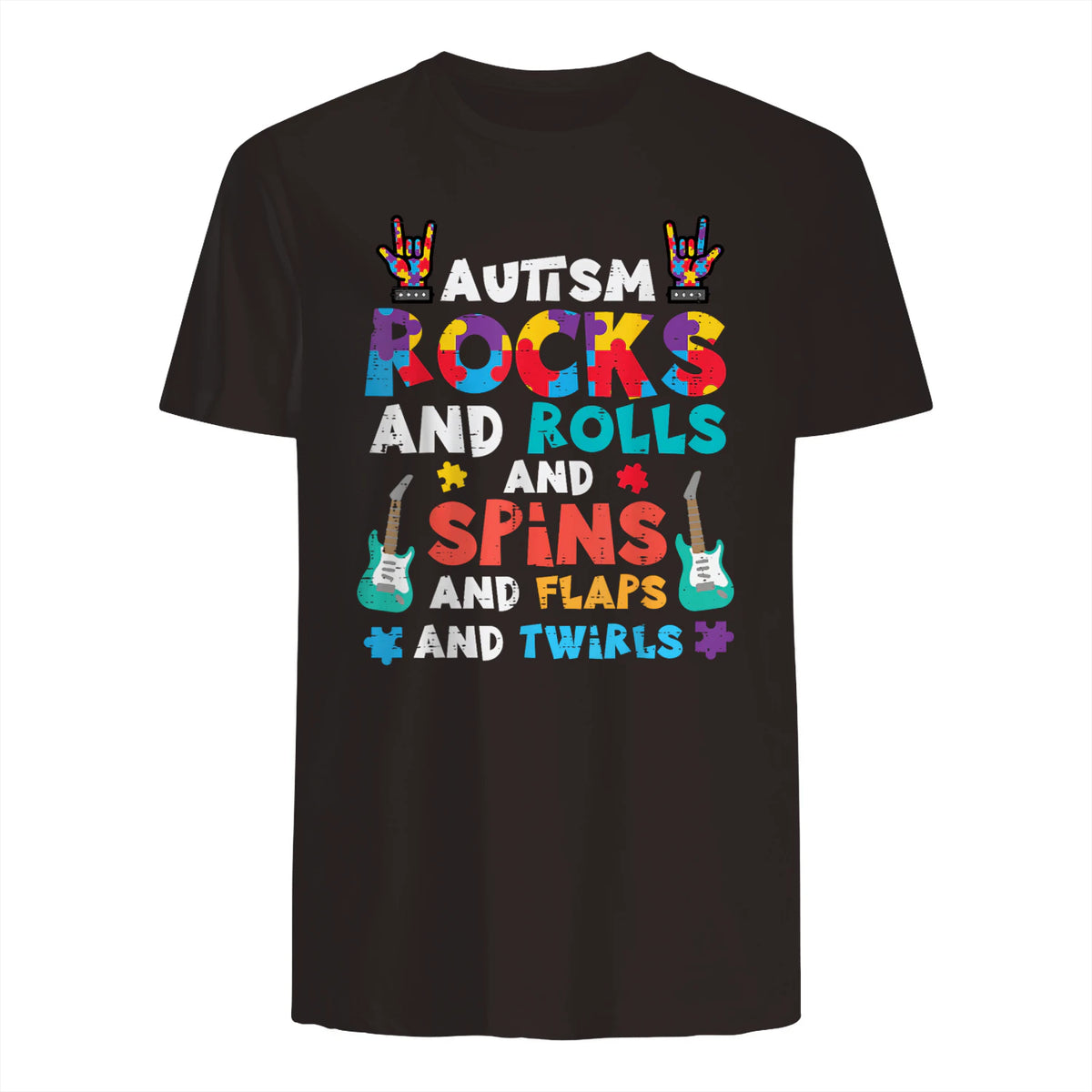 Autism Rocks Rolls Spins Flaps Awareness Boys Kids Women Men in Dark Chocolate - back view