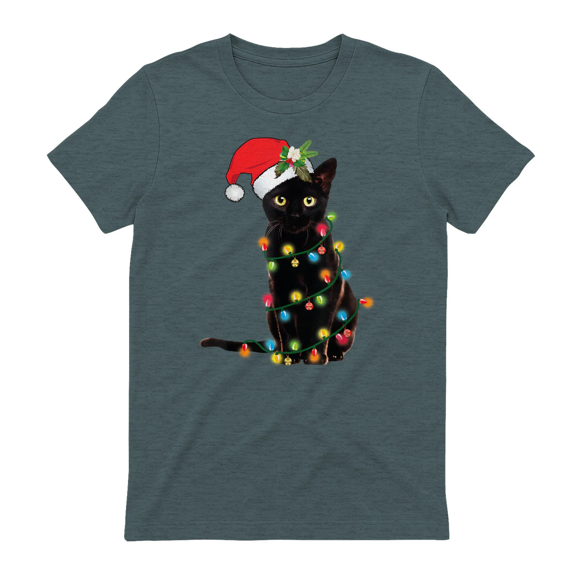 Santa Black Cat Tangled Up In Christmas Tree Lights Holiday in Dark Heather - back view
