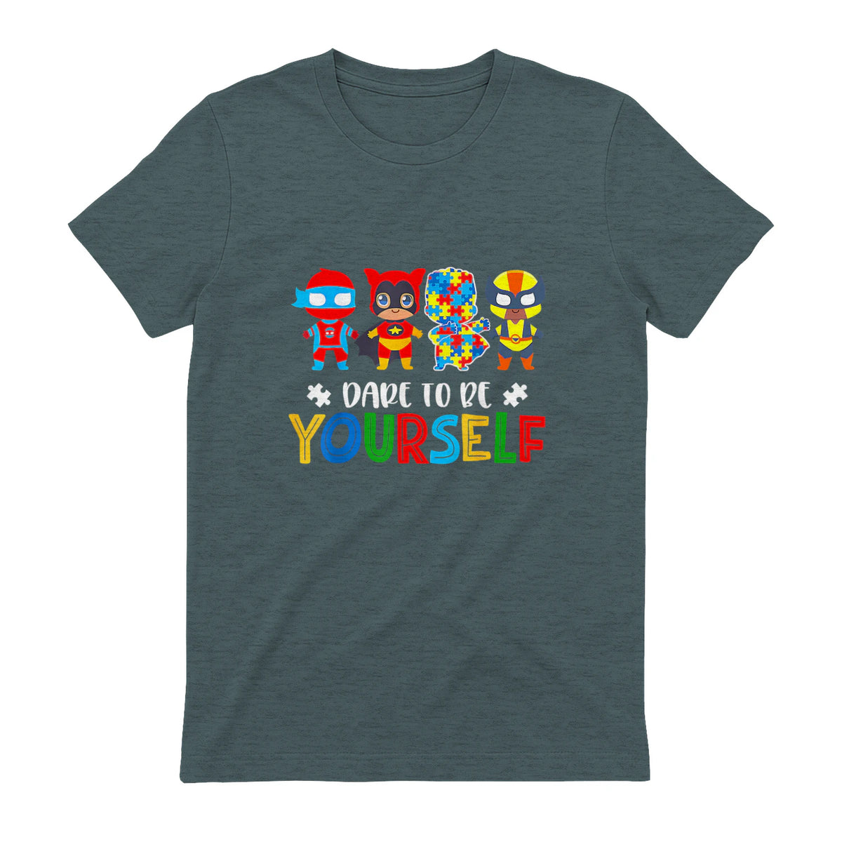 Dare to Be Yourself Autism Awareness Superheroes in Dark Heather - back view
