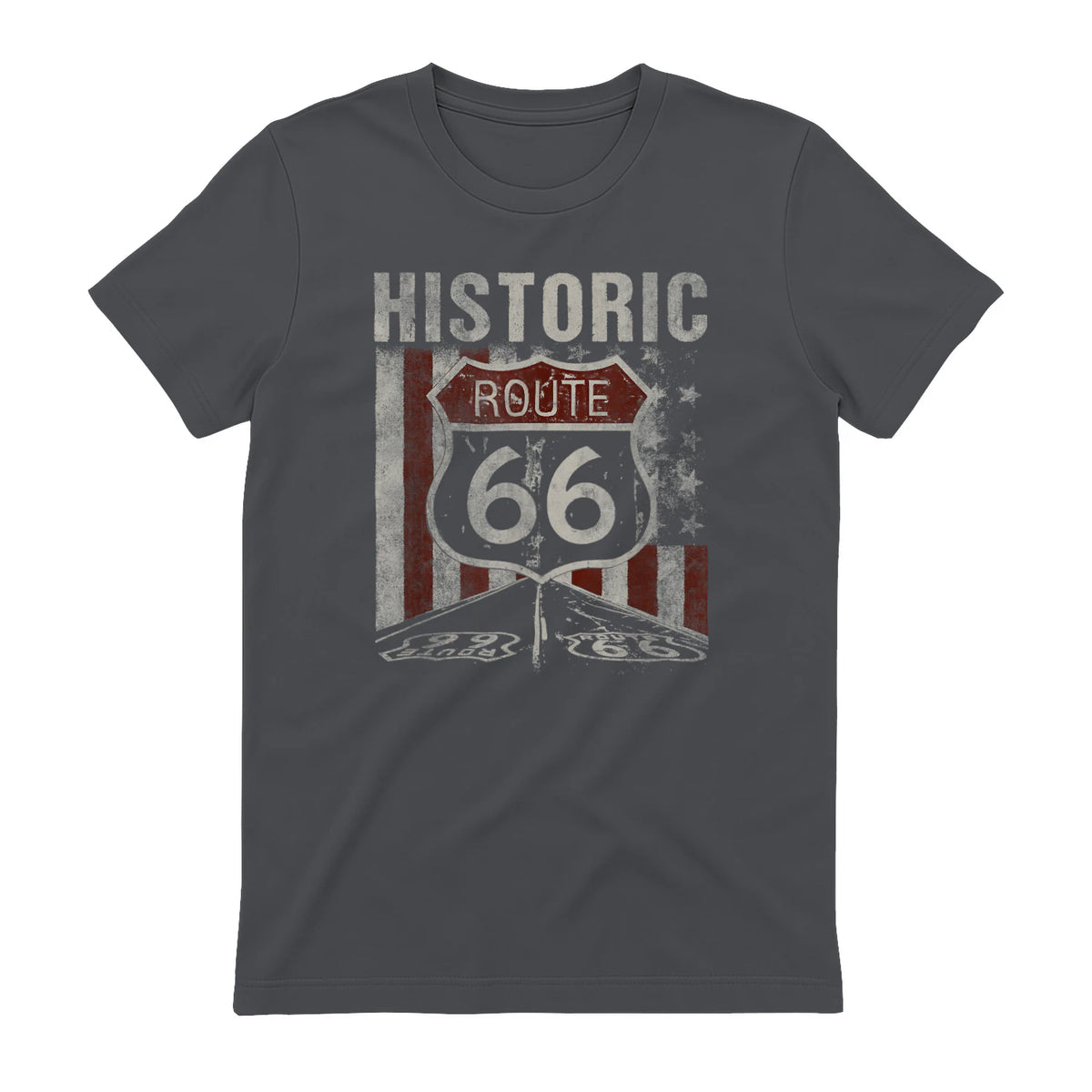 Historic USA Route Sixty-Six Highway Road Sign T-Shirt in Charcoal - back view