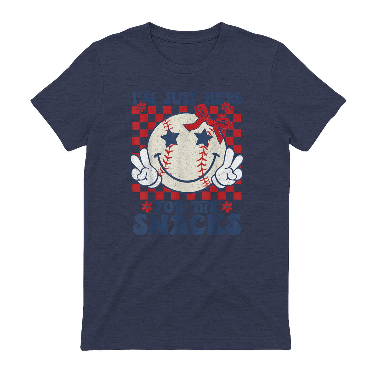 Retro Baseball Sister I'm Just Here for The Snacks Girls Mom T-Shirt in Heather Navy - back view