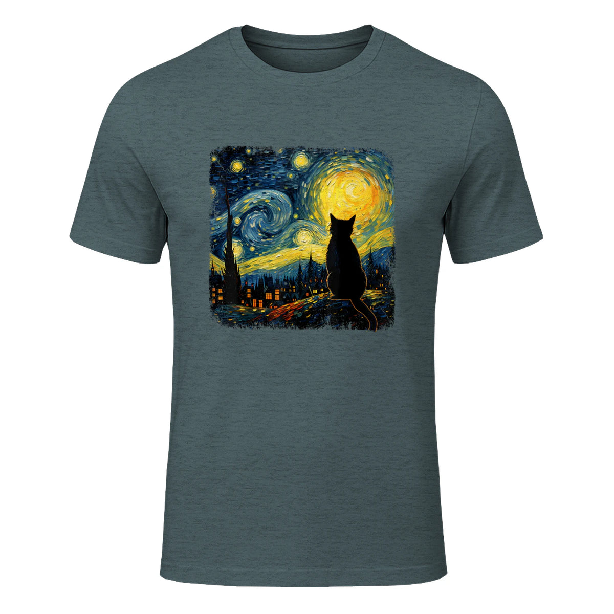 Starry Night Cat Lover T-Shirt in Dark Heather - front view
