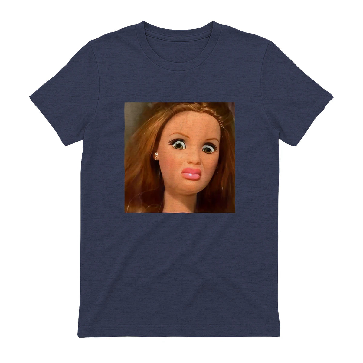 Funny Doll Face Meme Expression Hilarious Sarcastic in Heather Navy - back view