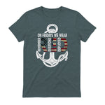 On Fridays We Wear Red Remember Everyone Deployed Navy T-Shirt in Dark Heather - back view