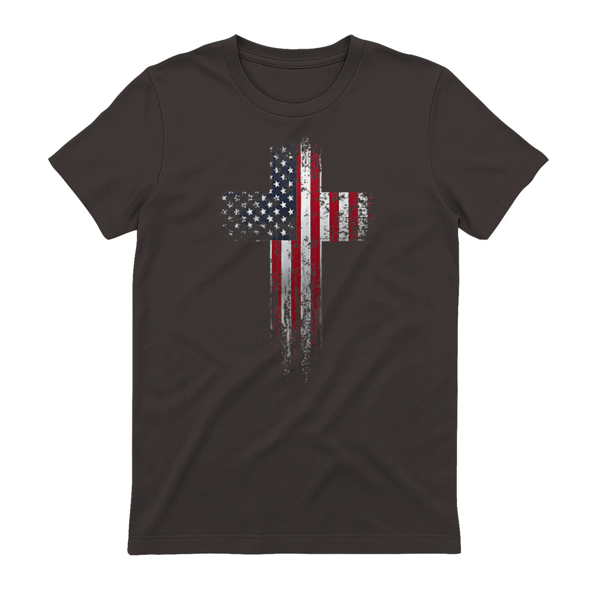 American USA Flag Christian Cross T-Shirt in Dark Chocolate - back view