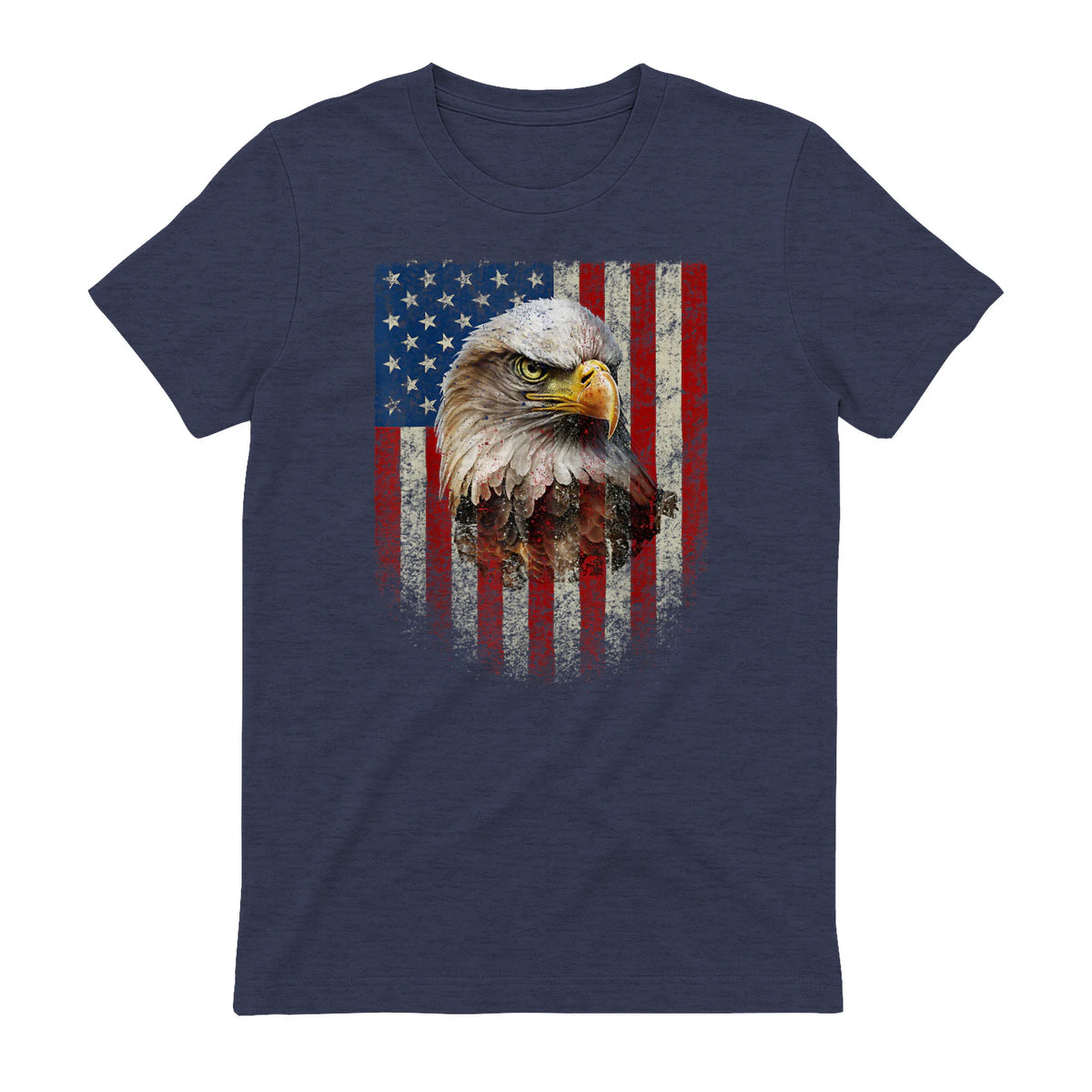 American Flag Bald Eagle Patriotic Red White Blue T-Shirt in Heather Navy - back view