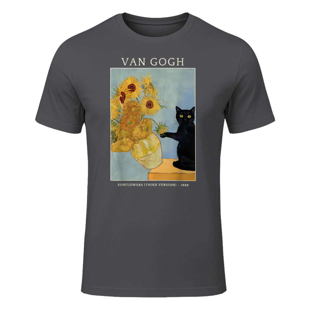 Funny Cat & Sunflowers Van Gogh Art Parody Vintage T-Shirt in Charcoal - front view