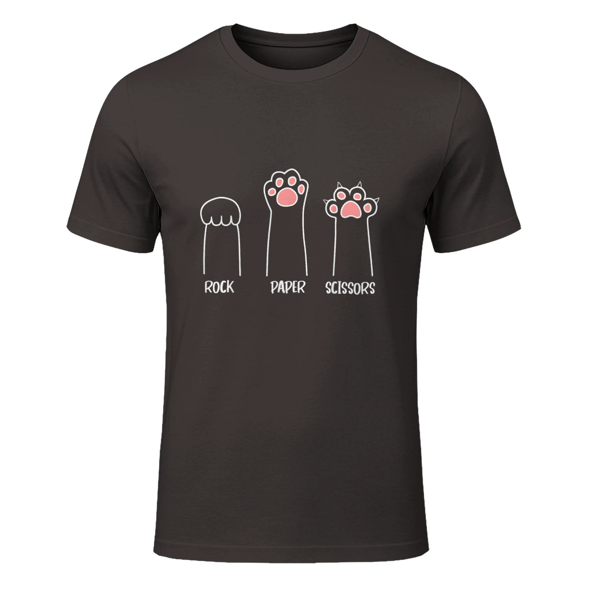 Introvert Cat Animal Rescue Pet Lover Apparel Rock Paper Scissors Hand Game Cute Paw Funny Cat T-Shirt in Dark Chocolate - front view