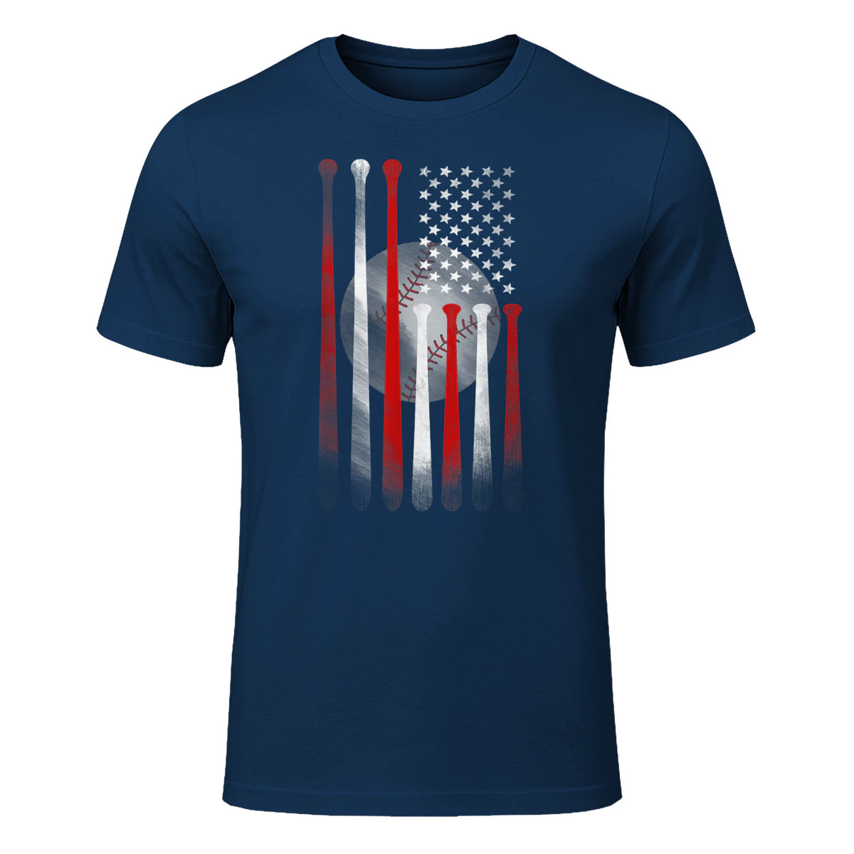 Vintage Baseball American Flag T-Shirt, Classic Fit Black Tee for Dad and Mom in Navy - front view