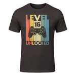 Level Sixteen Unlocked Video Gamer Birthday T-Shirt in Dark Chocolate - front view