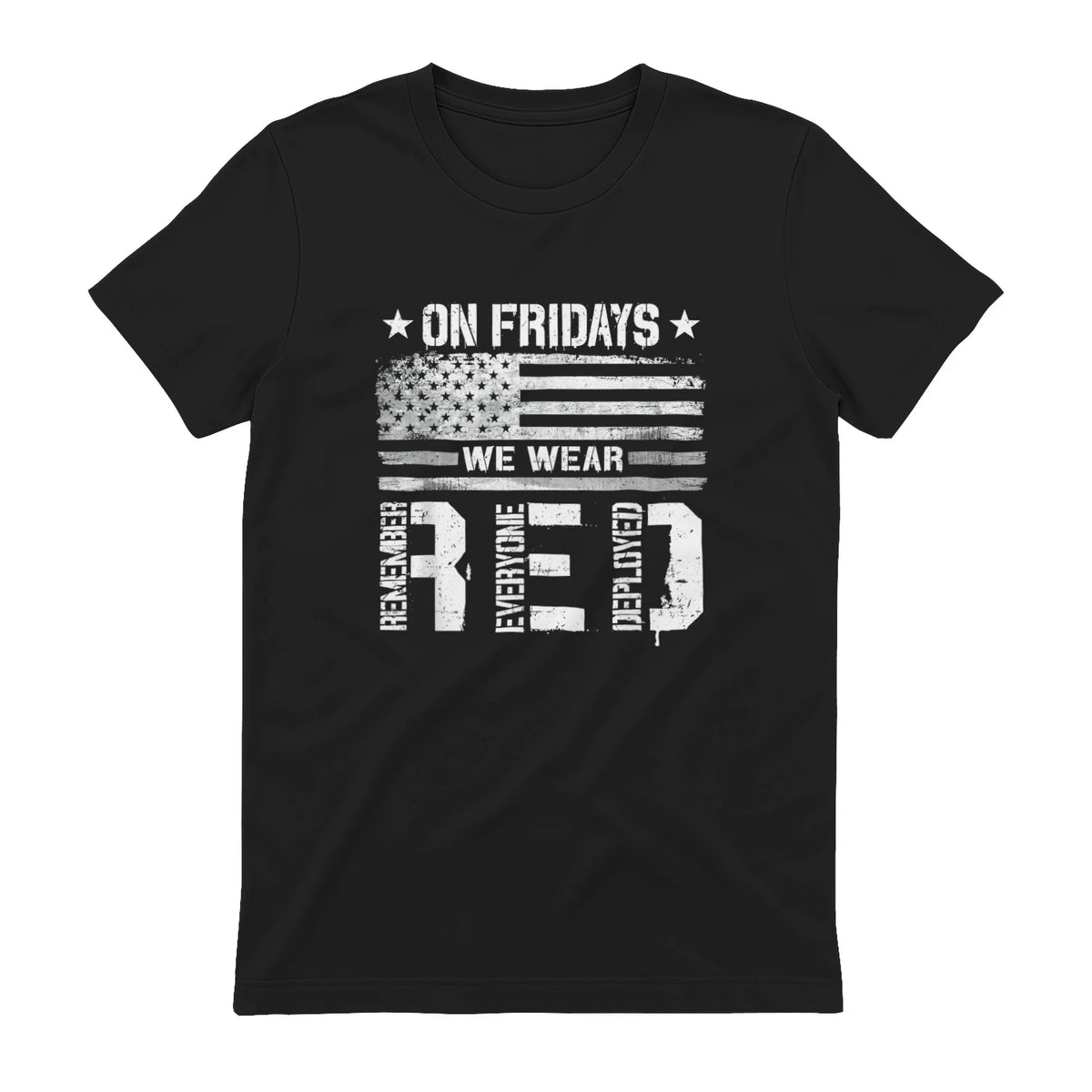 On Friday We Wear Red American Flag Military Supportive T-Shirt in Black - back view