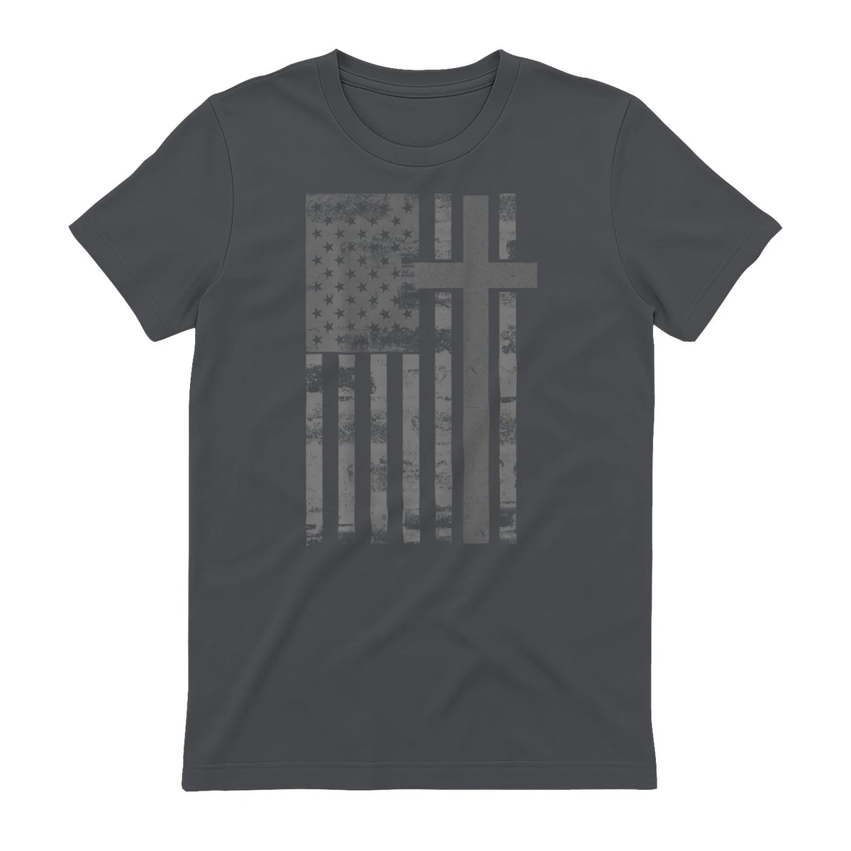 (Art) American Flag Christian Faith Cross Patriotic T-Shirt in Charcoal - back view