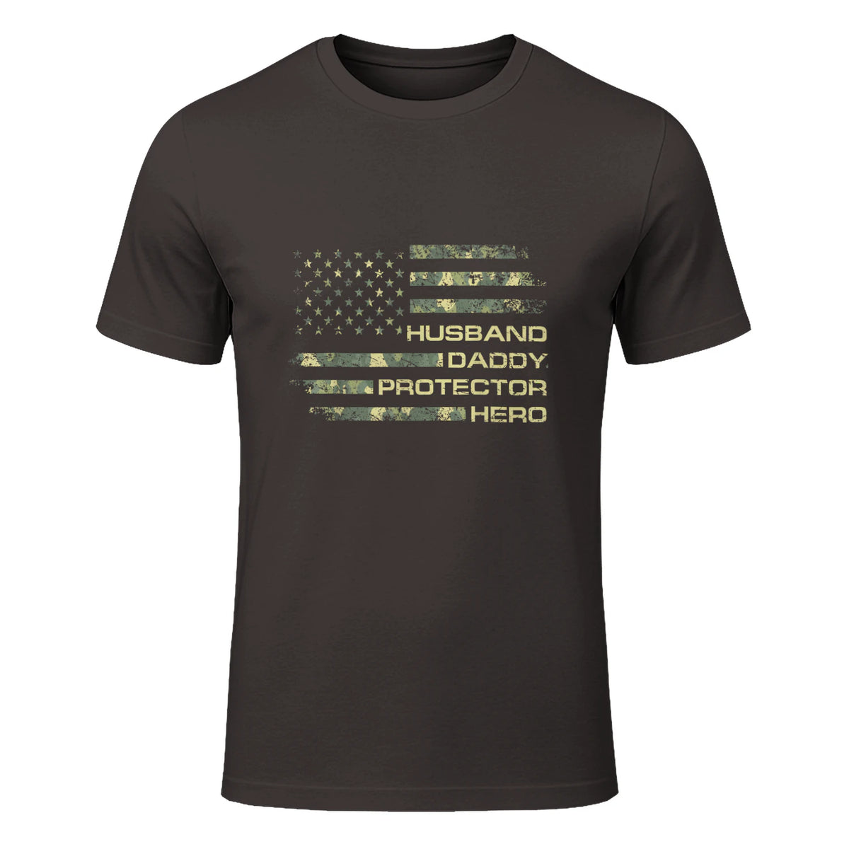 Husband Daddy Protector Hero Fathers Day Camo American Flag in Dark Chocolate - front view