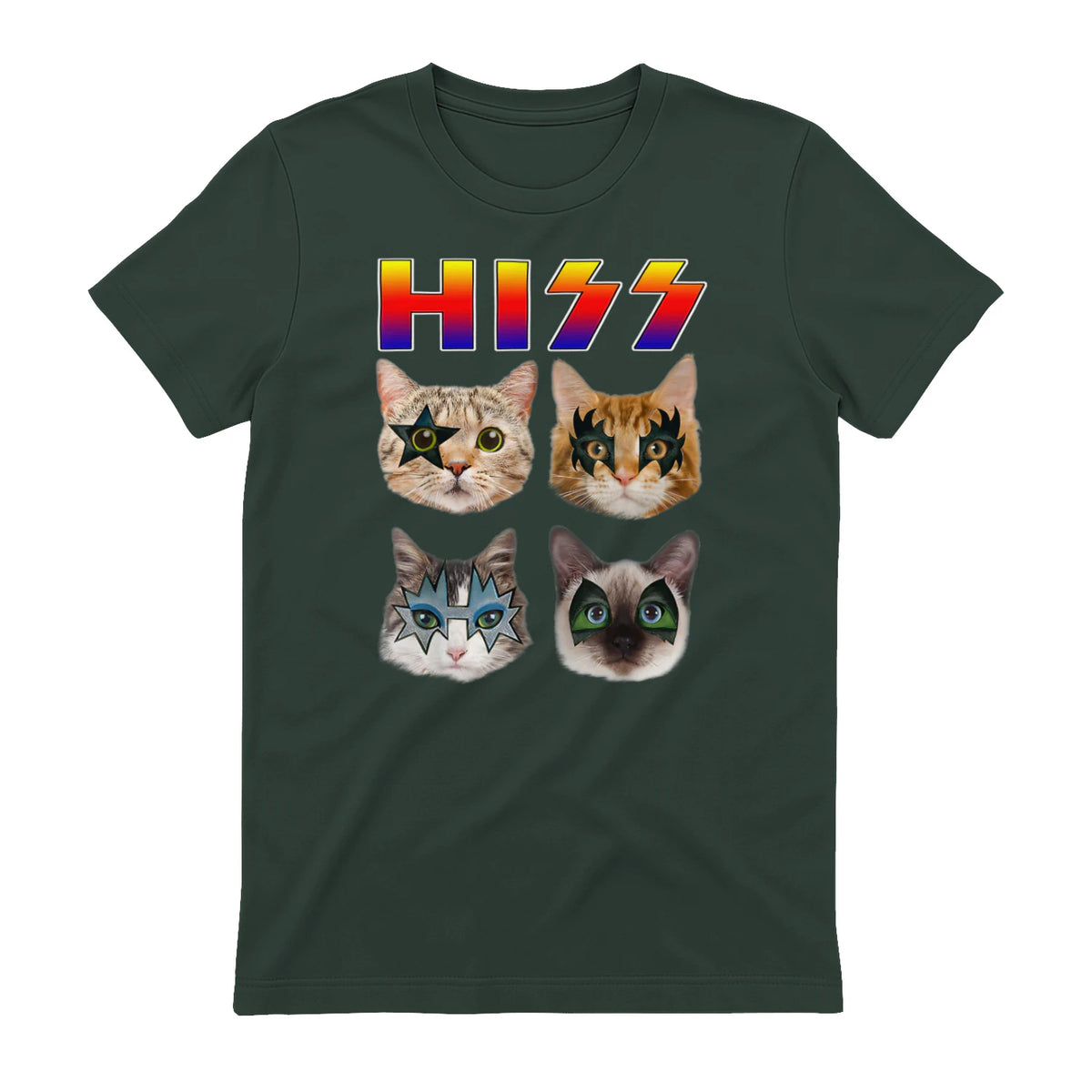Funny Cat Hiss Rock and Roll For Cat Lover, Cat Dad, Cat mom T-Shirt in Forest Green - back view