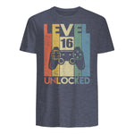 Level Sixteen Unlocked Video Gamer Birthday T-Shirt in Heather Navy - back view