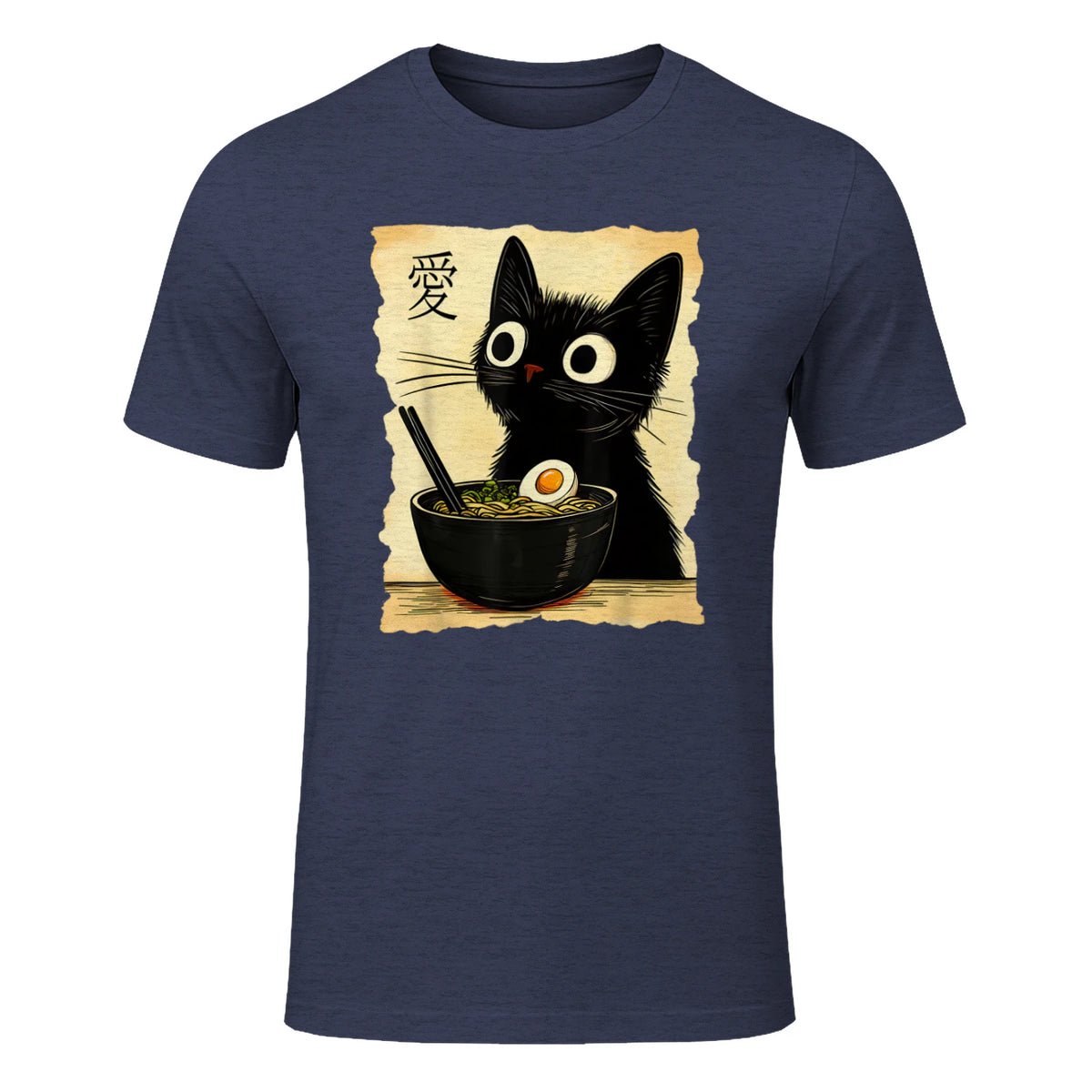 Funny Cat Ramen Graphic Tee Japanese Kawaii Anime Cat T-Shirt in Heather Navy - front view