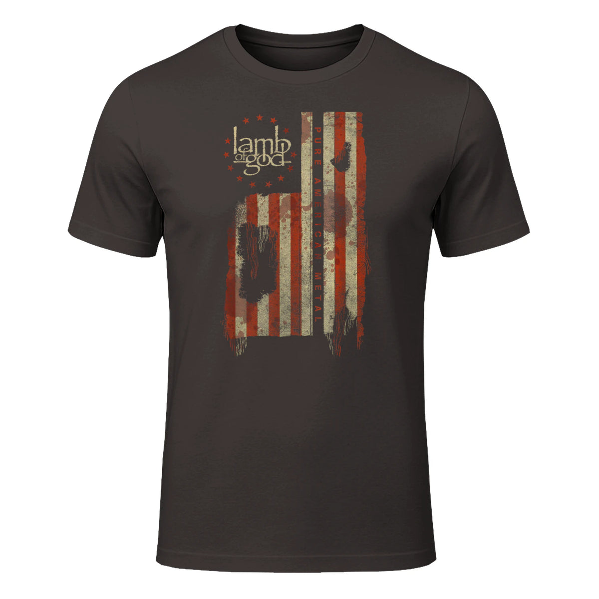 Lamb of God Pure American Metal Flag T-Shirt in Dark Chocolate - front view