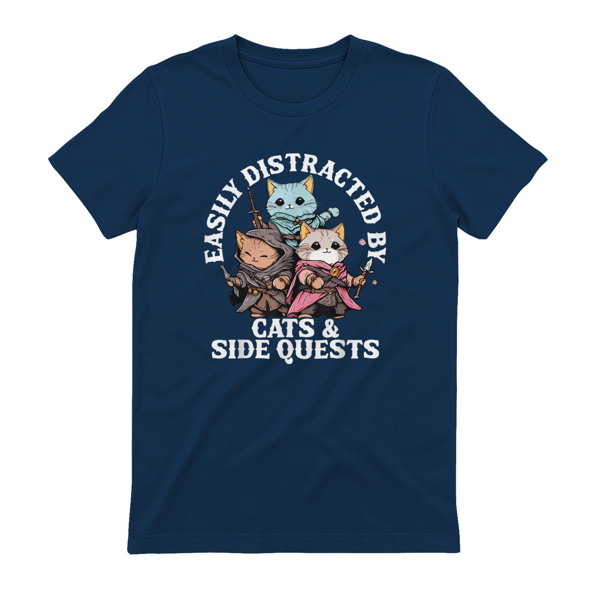 Cats Side Quest Funny Tabletop T-Shirt in Navy - back view