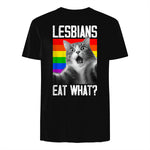 Lesbians Eat What? LGBT Lesbian Girlfriend Funny Cat Gift T-Shirt in Black - back view