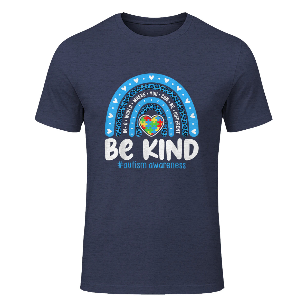 In April We Wear Blue Autism Ribbon T-Shirt in Heather Navy - front view