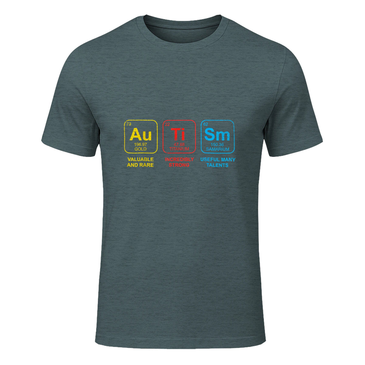 Autism Awareness Periodic Table ASD T-Shirt in Dark Heather - front view