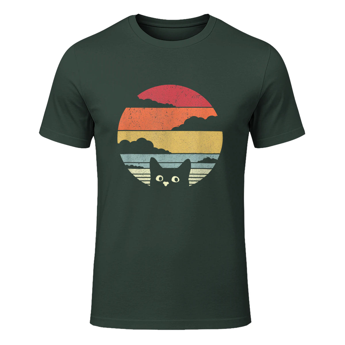 Pack A Punch Women's Retro Cat Graphic T-Shirt - Black, Short Sleev in Forest Green - front view