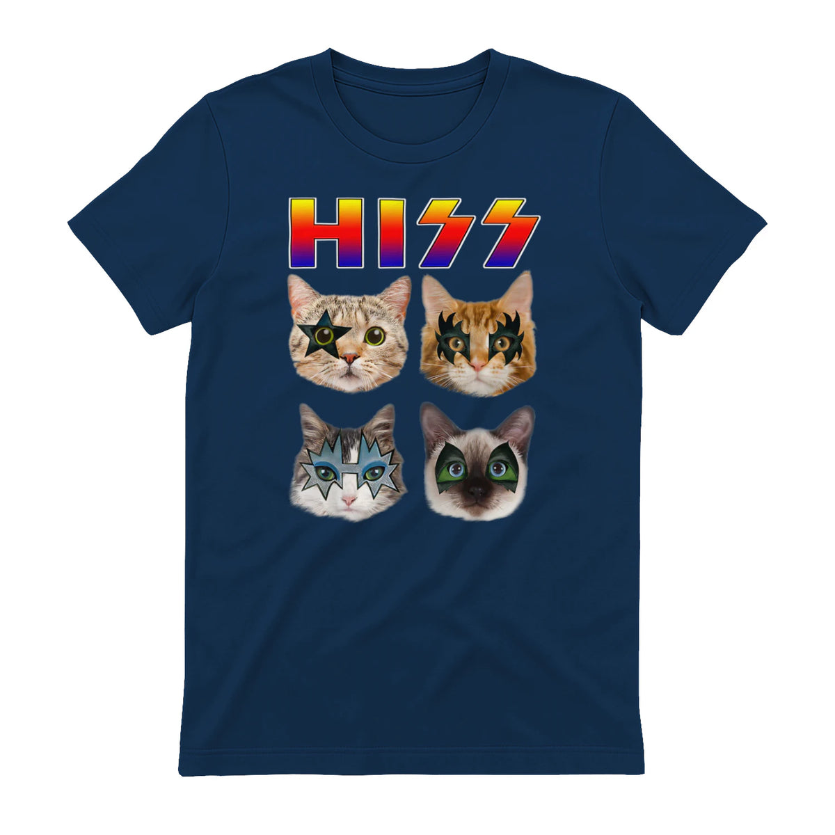 Funny Cat Hiss Rock and Roll For Cat Lover, Cat Dad, Cat mom T-Shirt in Navy - back view