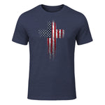 American USA Flag Christian Cross T-Shirt in Heather Navy - front view