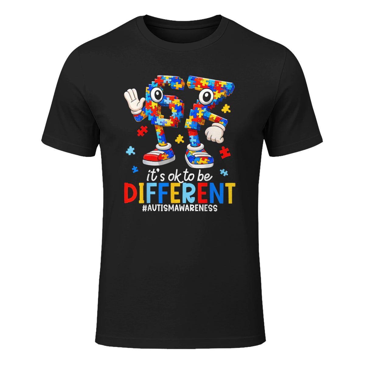 Autism Awareness Six Seven It's OK to Be Different T-Shirt in Black - front view