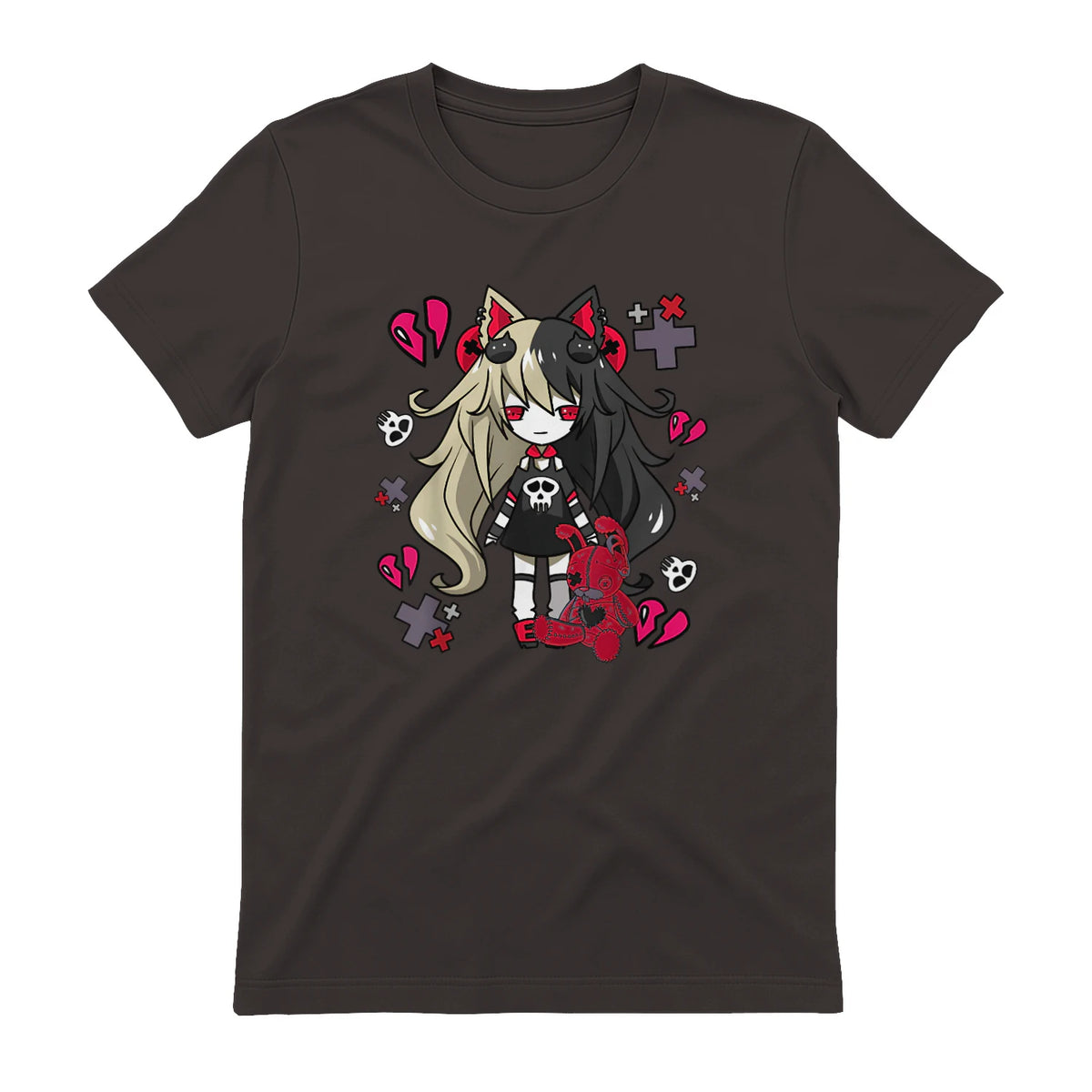 Chibi Kawaii Emo Pastel Goth Girl with Sad Bunny in Dark Chocolate - back view