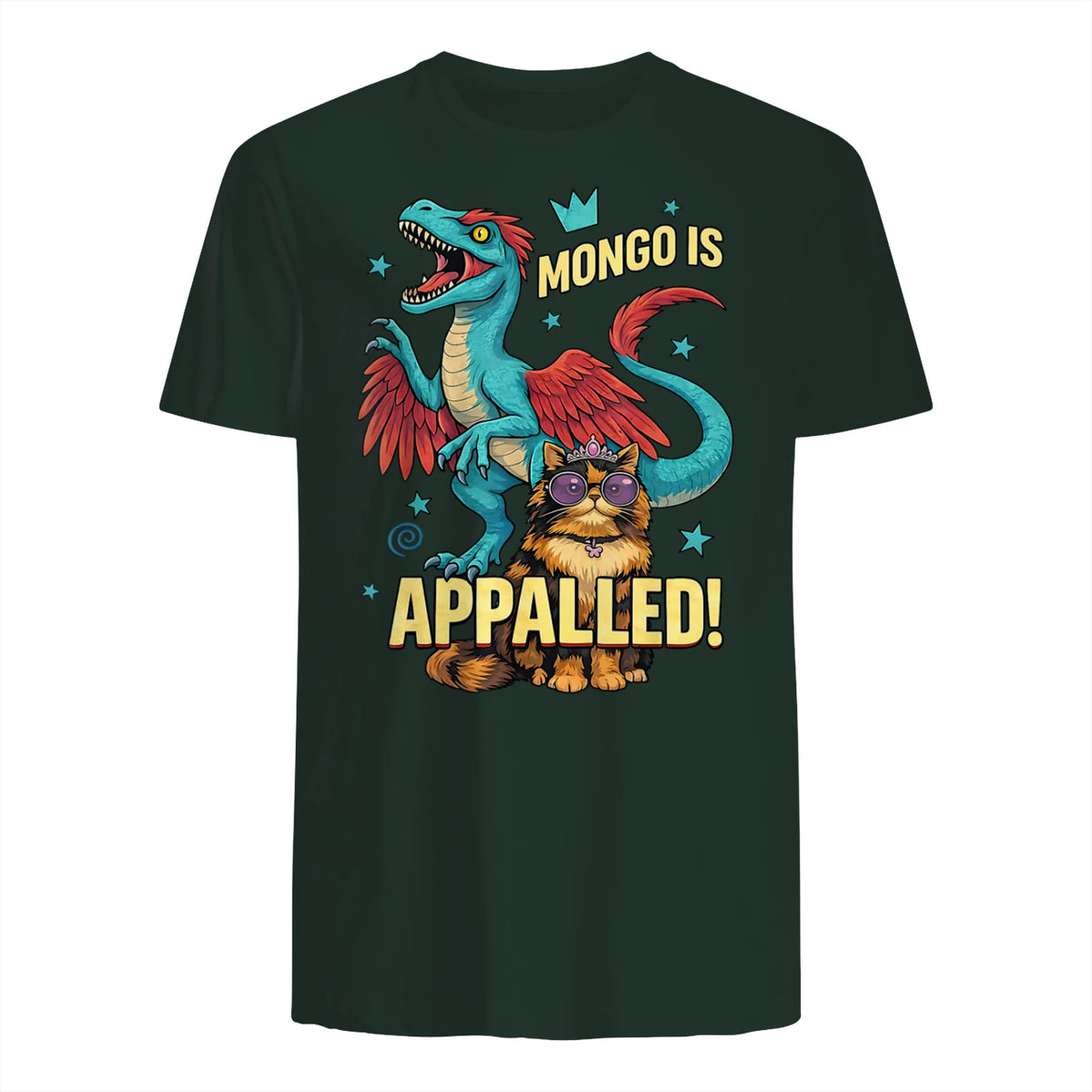 Retro Mongo is Appalled Princess Cat Riding Dinosaur Womens T-Shirt in Forest Green - back view