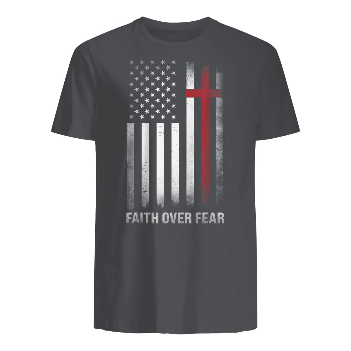 Christian US USA Flag American Christ Faith Over Fear Cross T-Shirt in Charcoal - back view