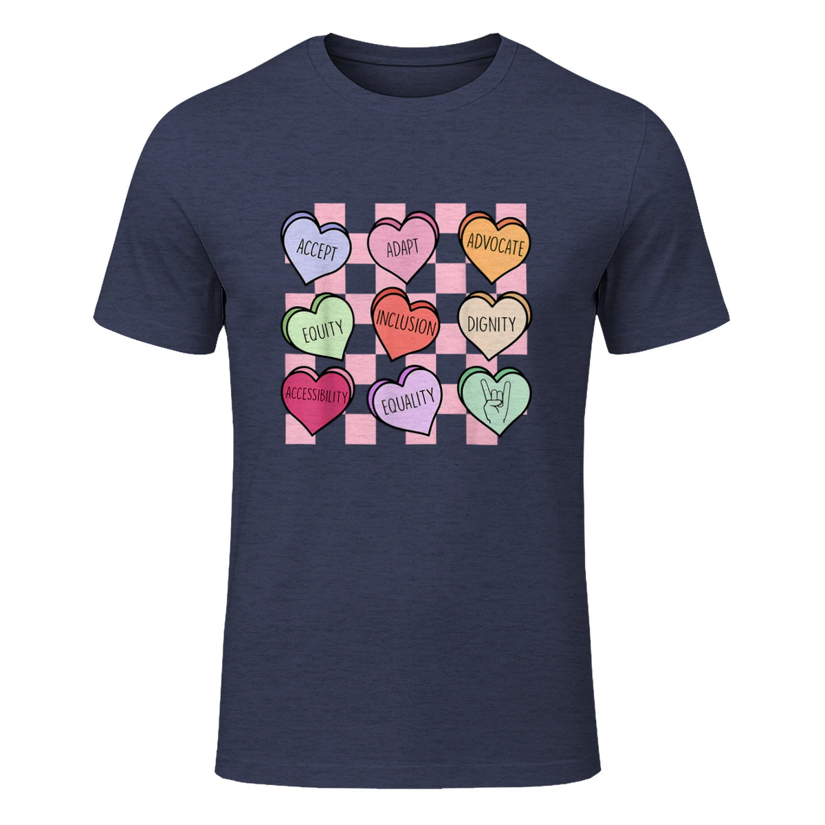 Special Education Teacher Candy Heart Valentines Day Love T-Shirt in Heather Navy - front view
