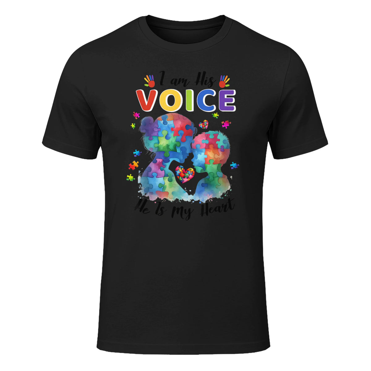 I Am His Voice He Is My Heart Autism Awareness Mom Son in Black - front view