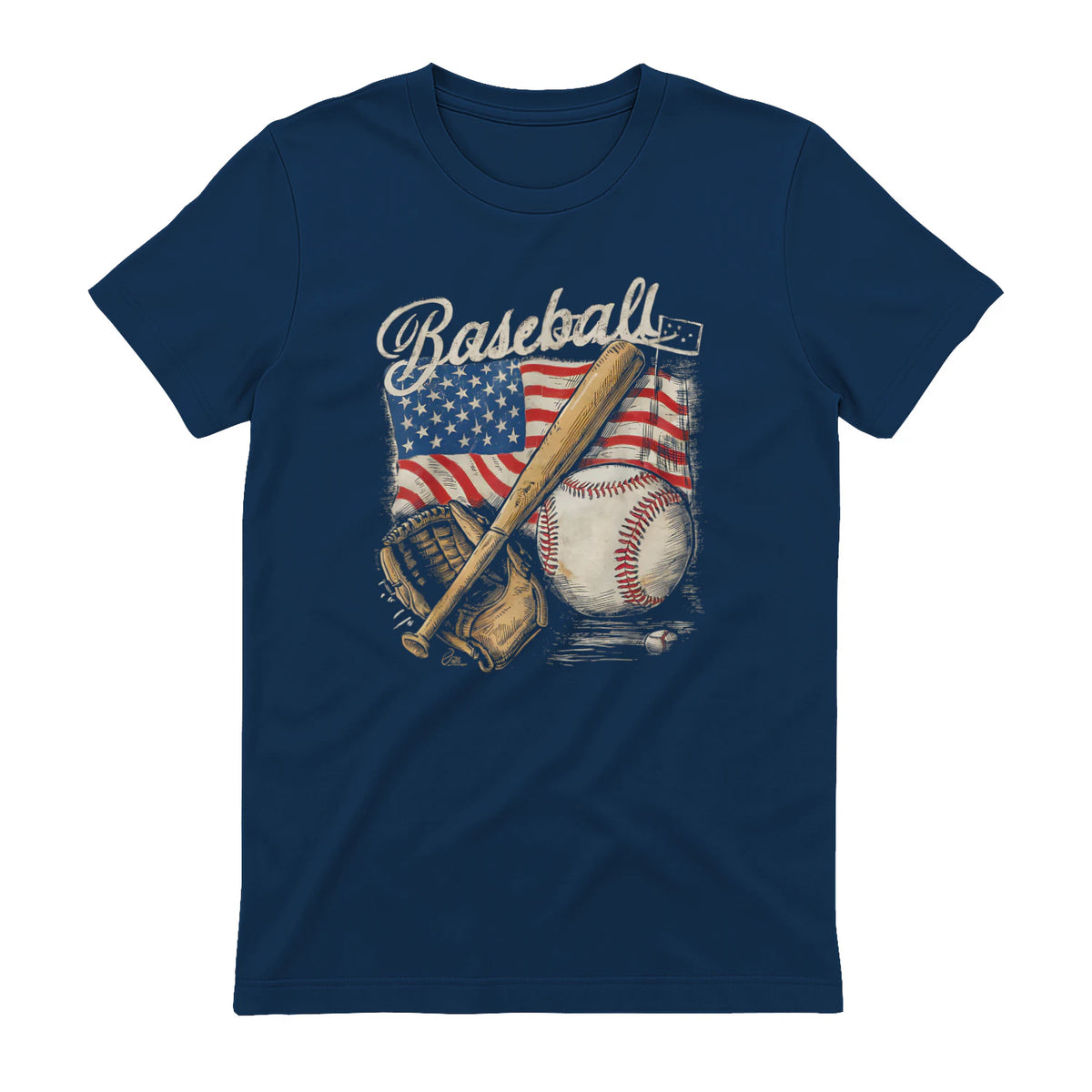 American Flag Baseball Player Bat Fan Catcher Pitcher USA T-Shirt in Navy - back view