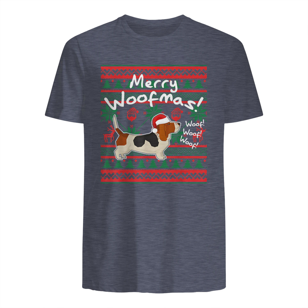 Basset Hound Chemise de Noël Merry Woofmas Père Noël Chien in Heather Navy - back view