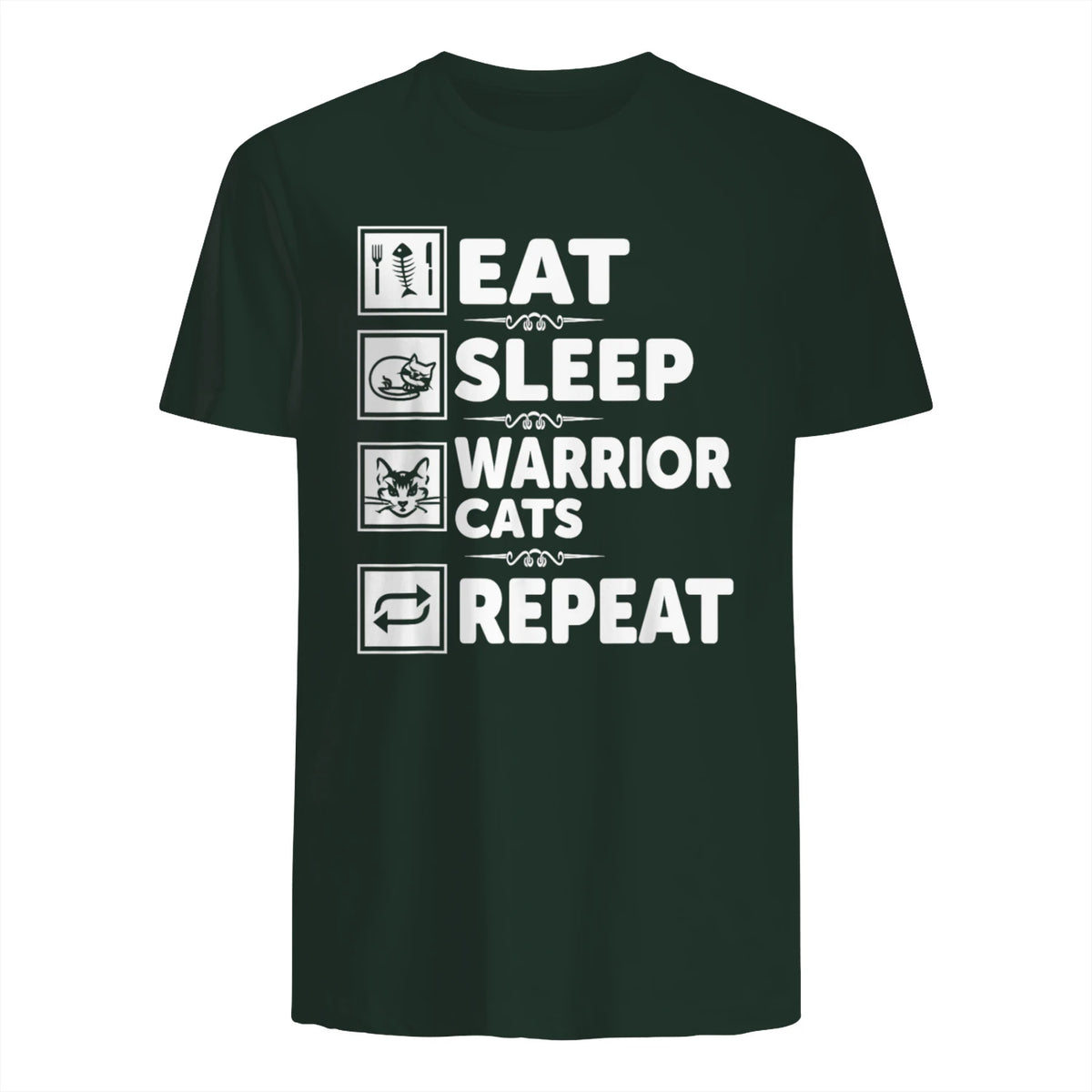 Cat & Cats Lover - Eat Sleep Warrior Cat Repeat - Cat T-Shirt in Forest Green - back view