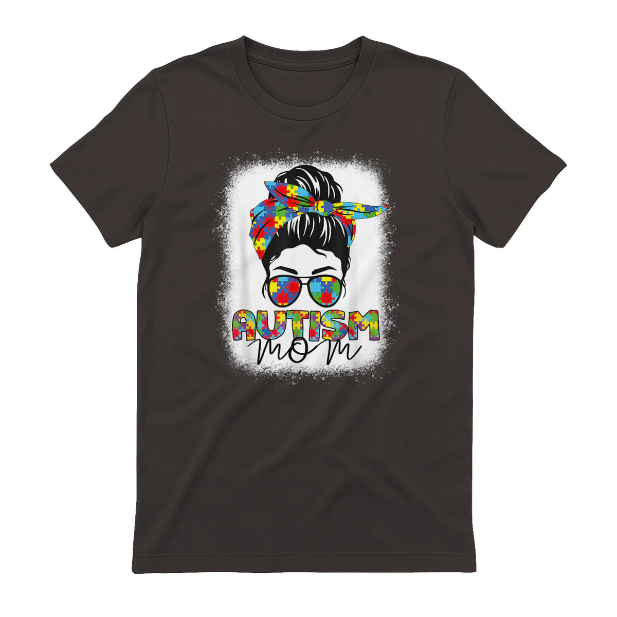 Autism Mom Life Messy Bun T-Shirt in Dark Chocolate - back view