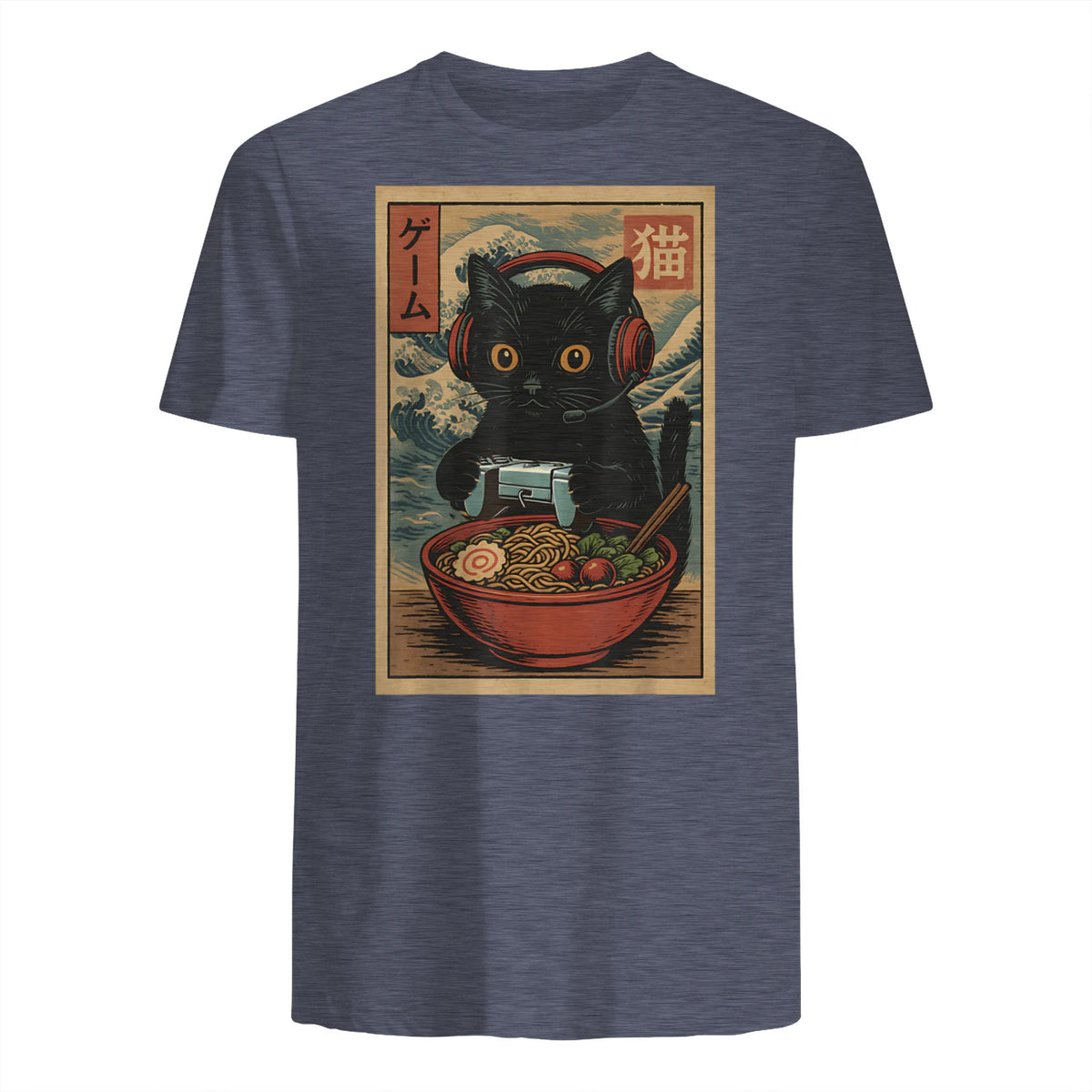 Cute Kawaii Gamer Cat Funny Ramen Retro Japanese Cat Gaming T-Shirt in Heather Navy - back view