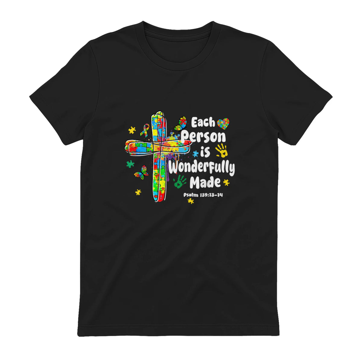 Each Person Is Wonderfully Made Christian Autism Bible Verse in Black - back view