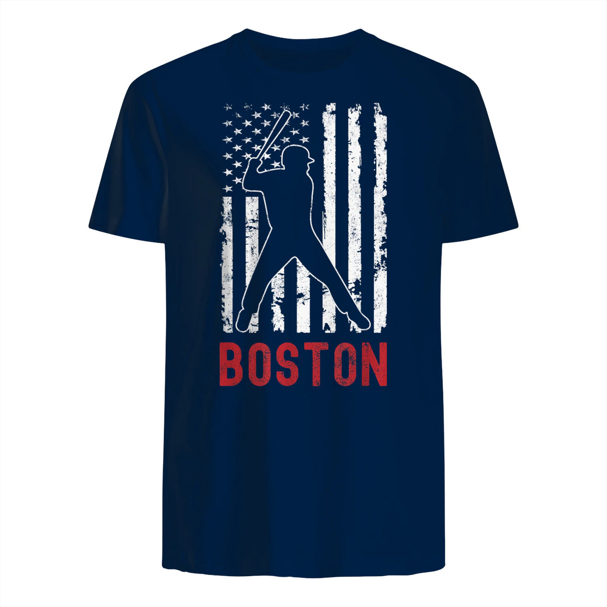 Boston Massachusetts American Flag Baseball Weathered T-Shirt in Navy - back view