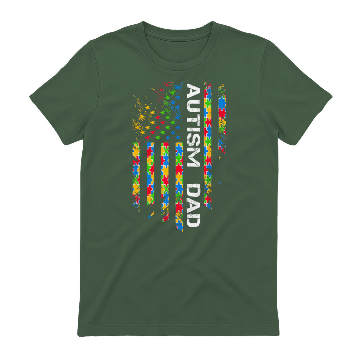 Autism Dad Awareness American Flag USA T-Shirt in Military Green - back view