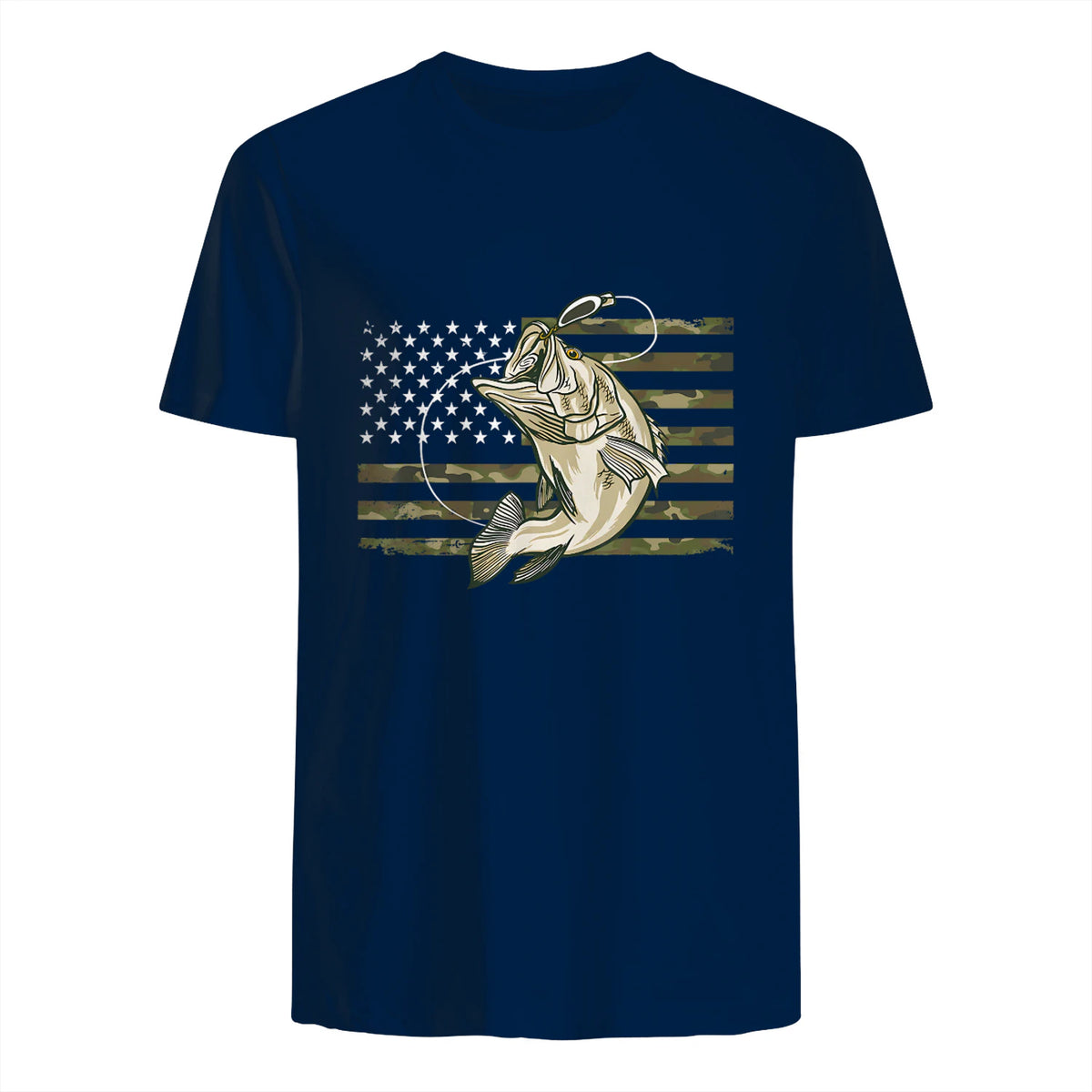 Fishing Camouflage US American Flag Bass Fish Fisherman Camo T-Shirt in Navy - back view