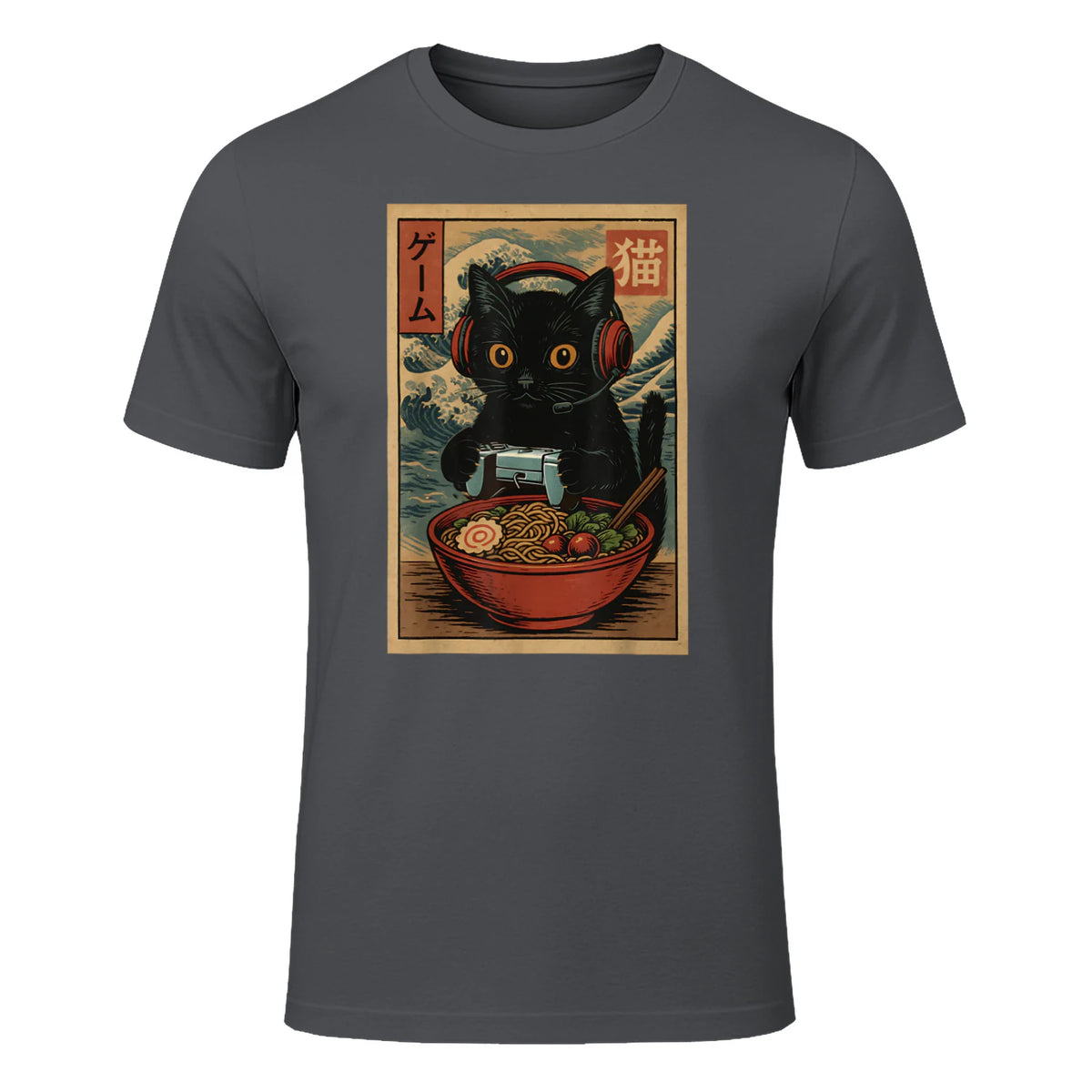 Cute Kawaii Gamer Cat Funny Ramen Retro Japanese Cat Gaming T-Shirt in Charcoal - front view