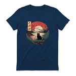 Japanese Red Sunset and Black cat Kanji Japan art T-Shirt in Navy - back view