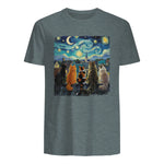 Funny Cat Starry Night Van Gogh Cats Rooftop Scene Feline T-Shirt in Dark Heather - back view