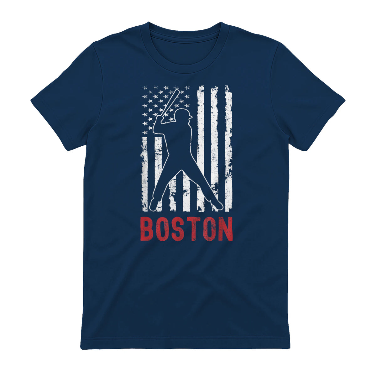Boston Massachusetts American Flag Baseball Weathered T-Shirt in Navy - back view