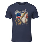 American Flag Baseball Player Bat Fan Catcher Pitcher USA T-Shirt in Heather Navy - front view
