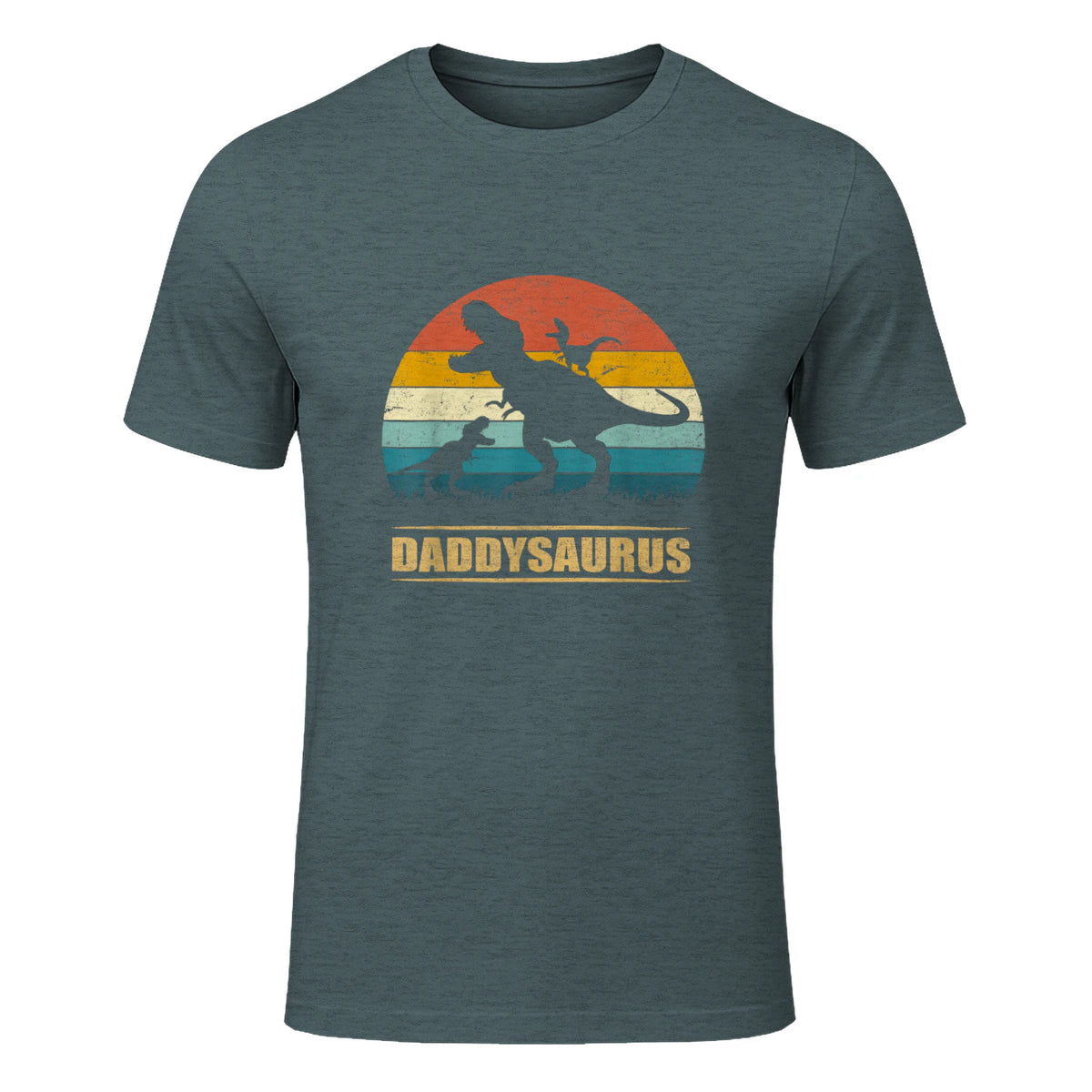 Daddy Dinosaur Daddysaurus Two Kids Funny Father's Day T-Shirt in Dark Heather - front view